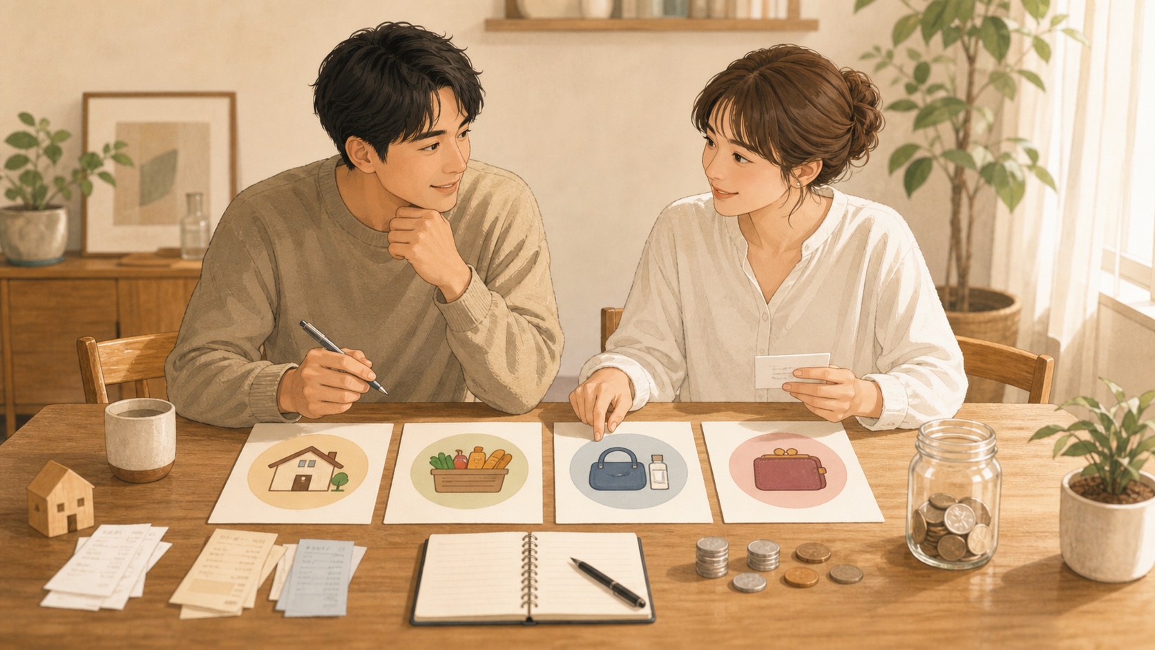 同棲カップルが生活費の分け方を話し合うイラスト