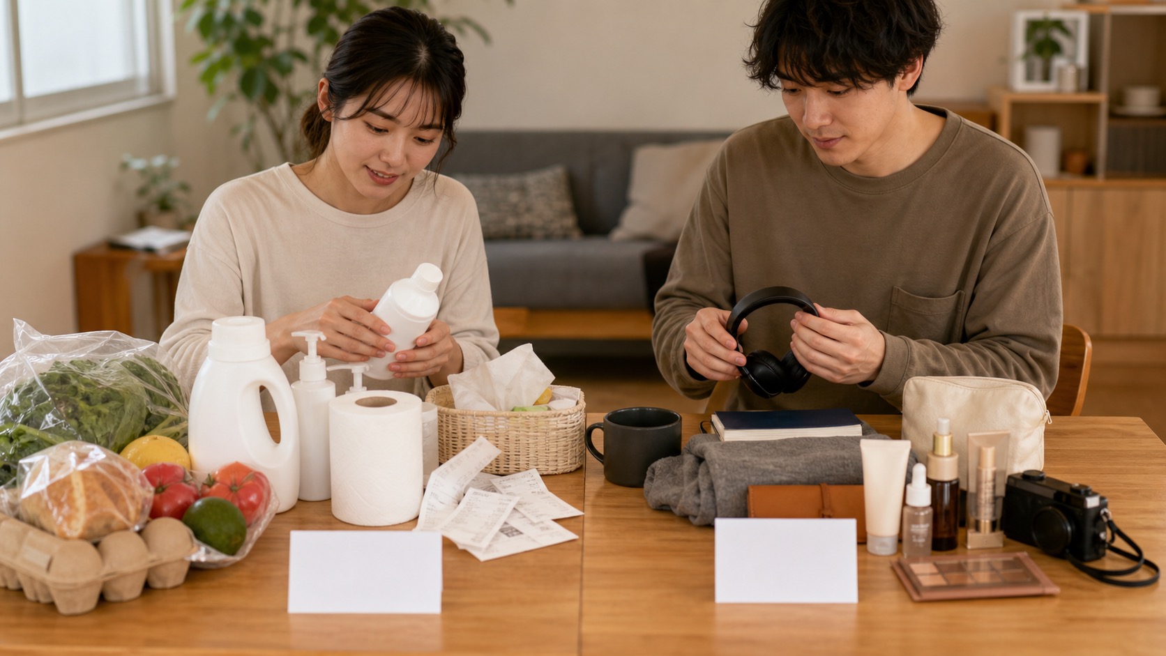 共有で使う日用品と個人的な買い物を分けて整理する食卓の写真