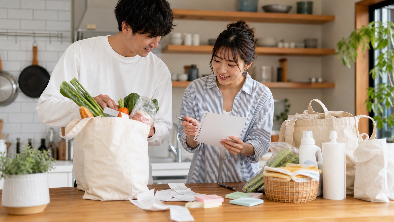 買い物リストとレシートと日用品をキッチンで整理する写真
