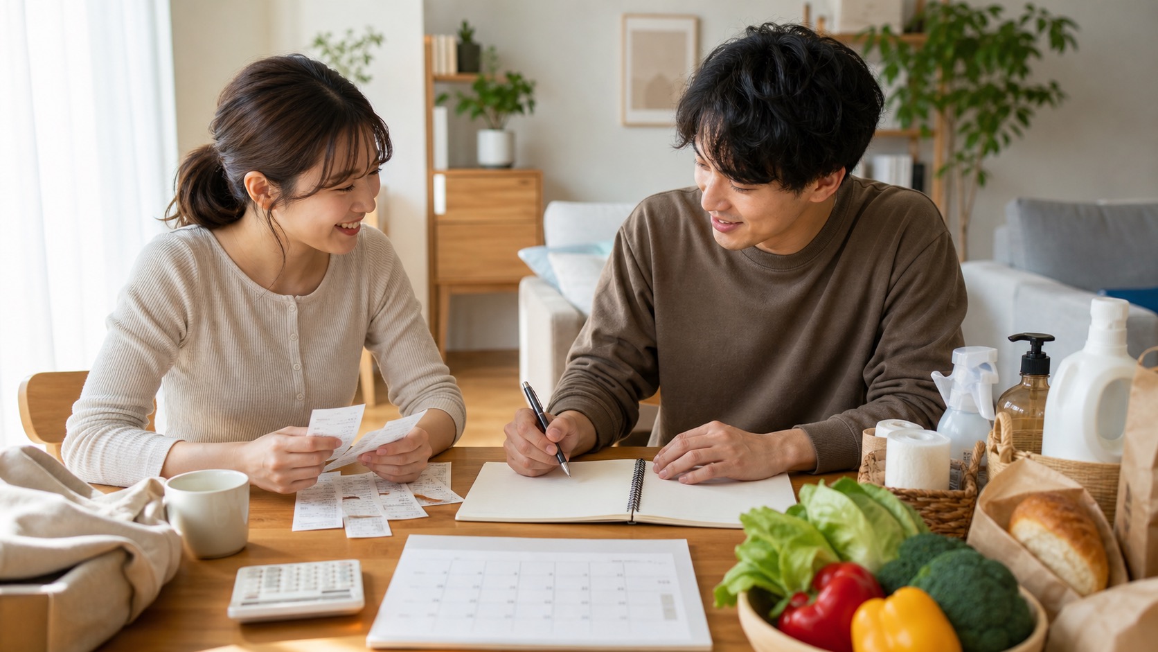 餐桌上整理收據、生活用品與共同生活費規則的情境