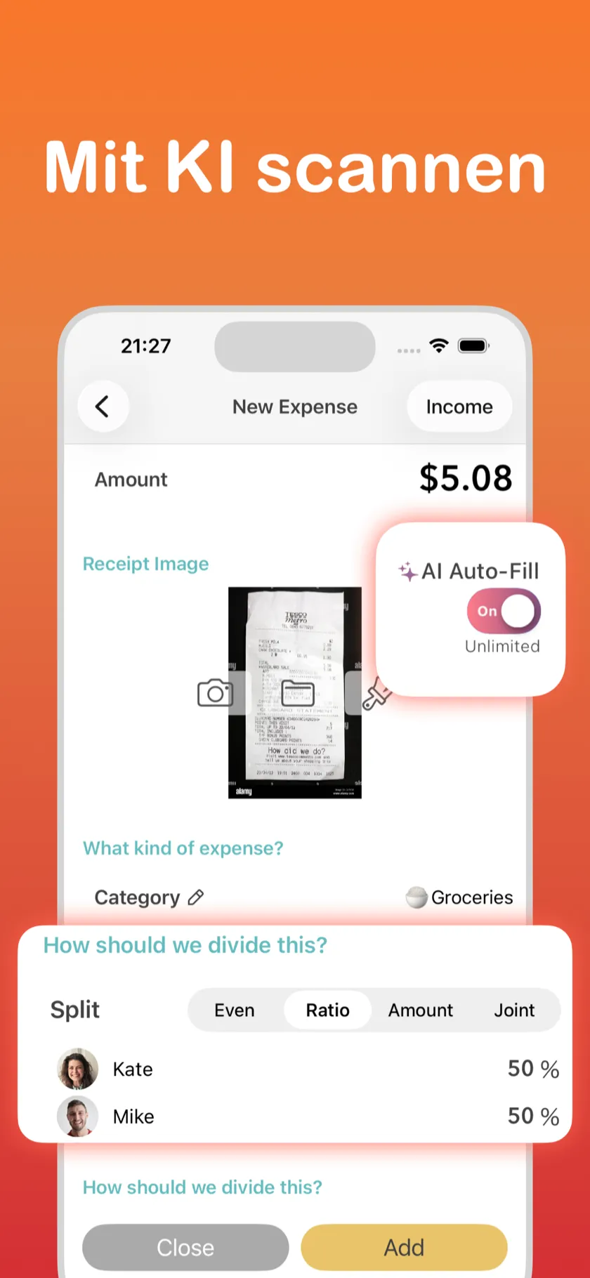 Mit KI scannen — Beleg-Erfassung mit automatischer Eingabe und Aufteilungsoptionen