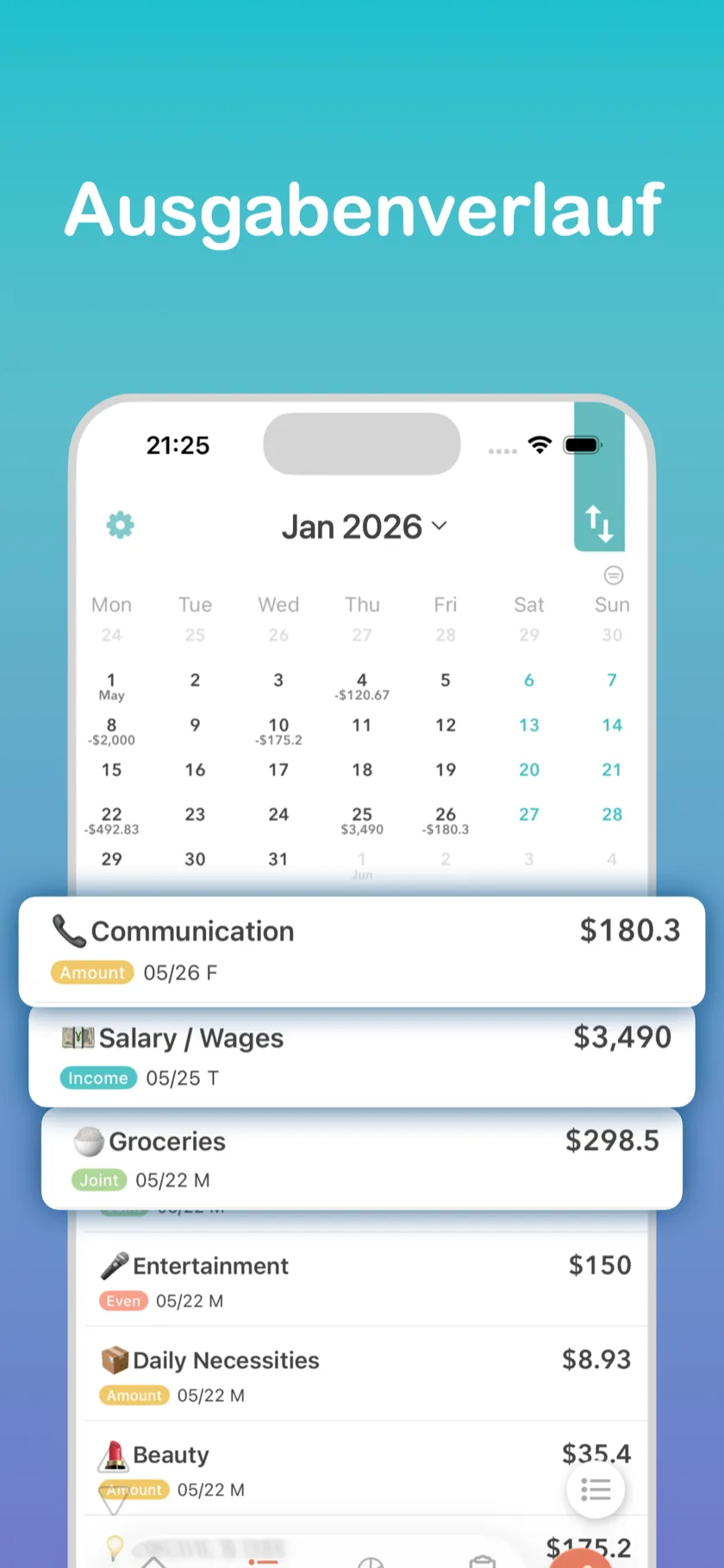 Ausgabenübersicht — Kalenderansicht mit täglichen Ausgabendetails
