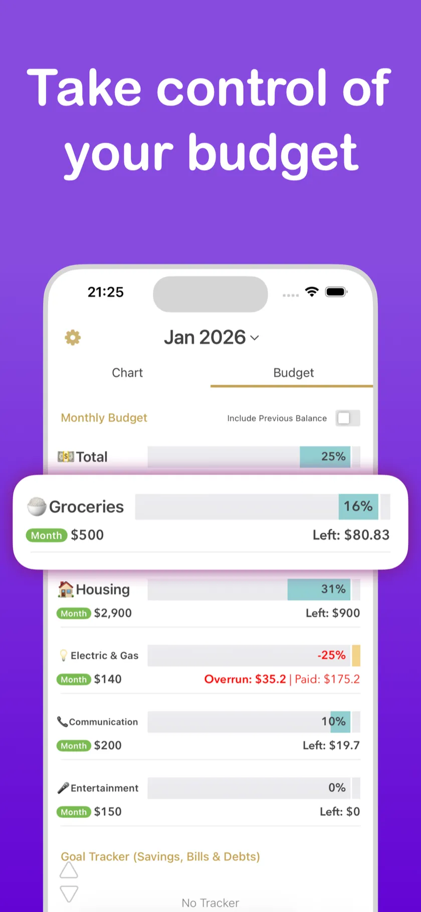 Take control of your budget — Monthly budget with category breakdown