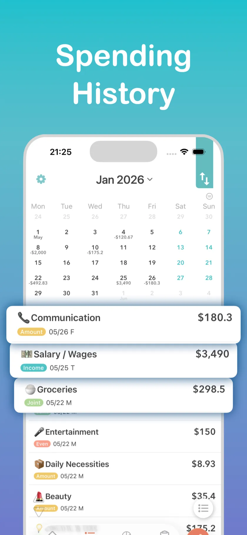 Spending History — Calendar view with daily expense details