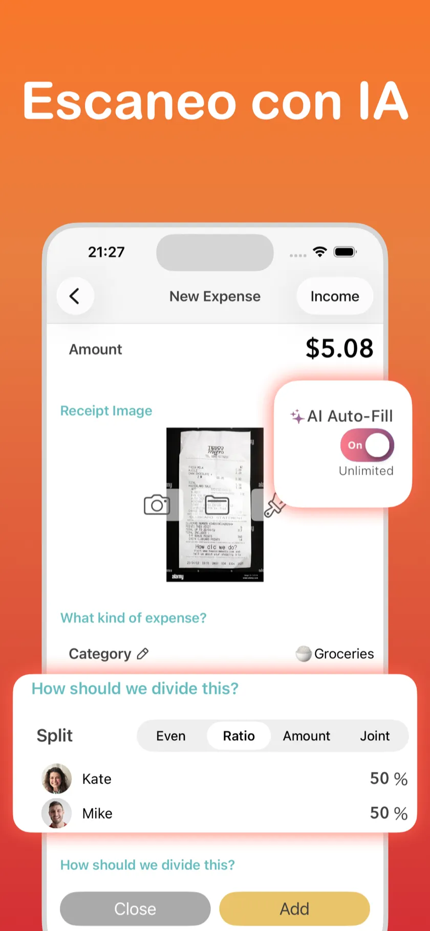 Escanea con IA — Captura de recibos con autocompletado y opciones de reparto