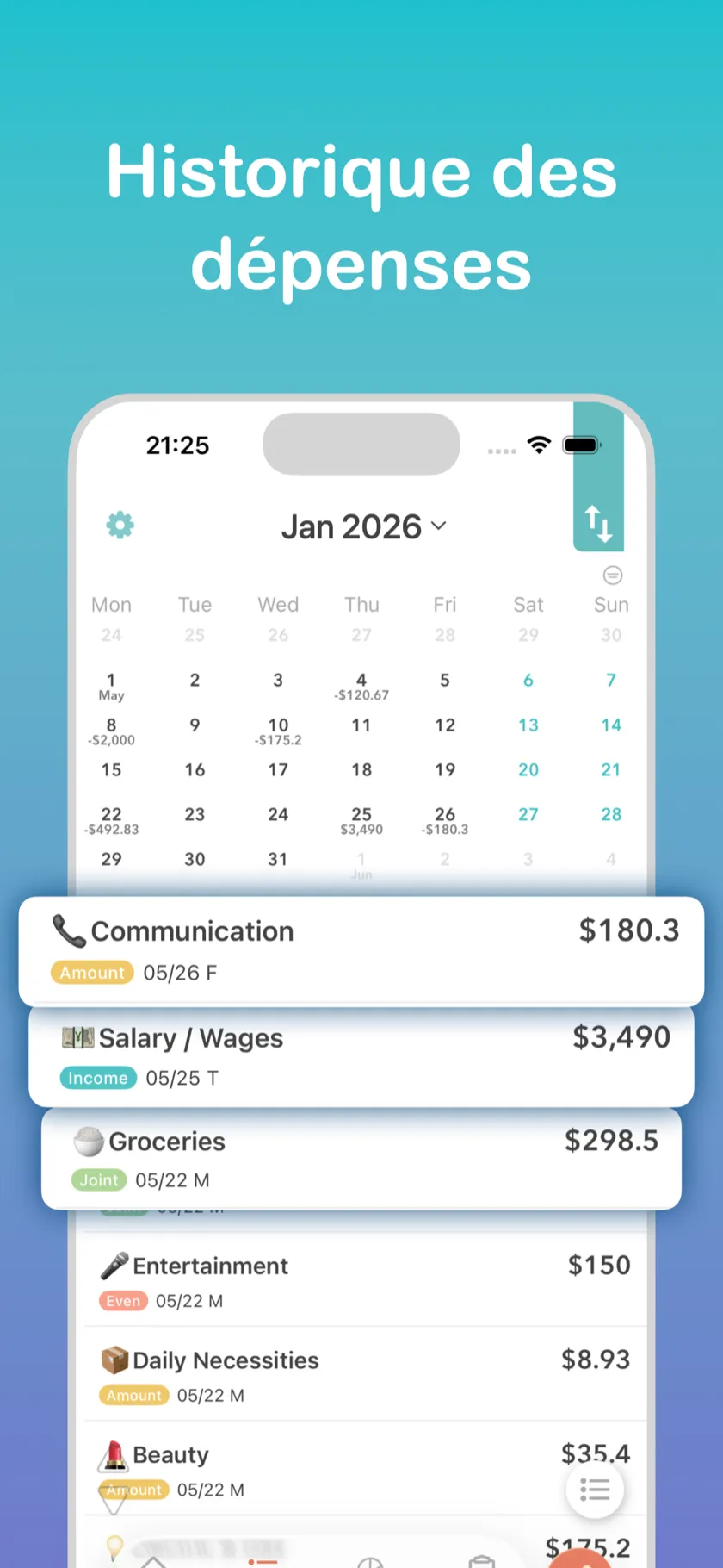 Historique des dépenses — Vue calendrier avec détails quotidiens